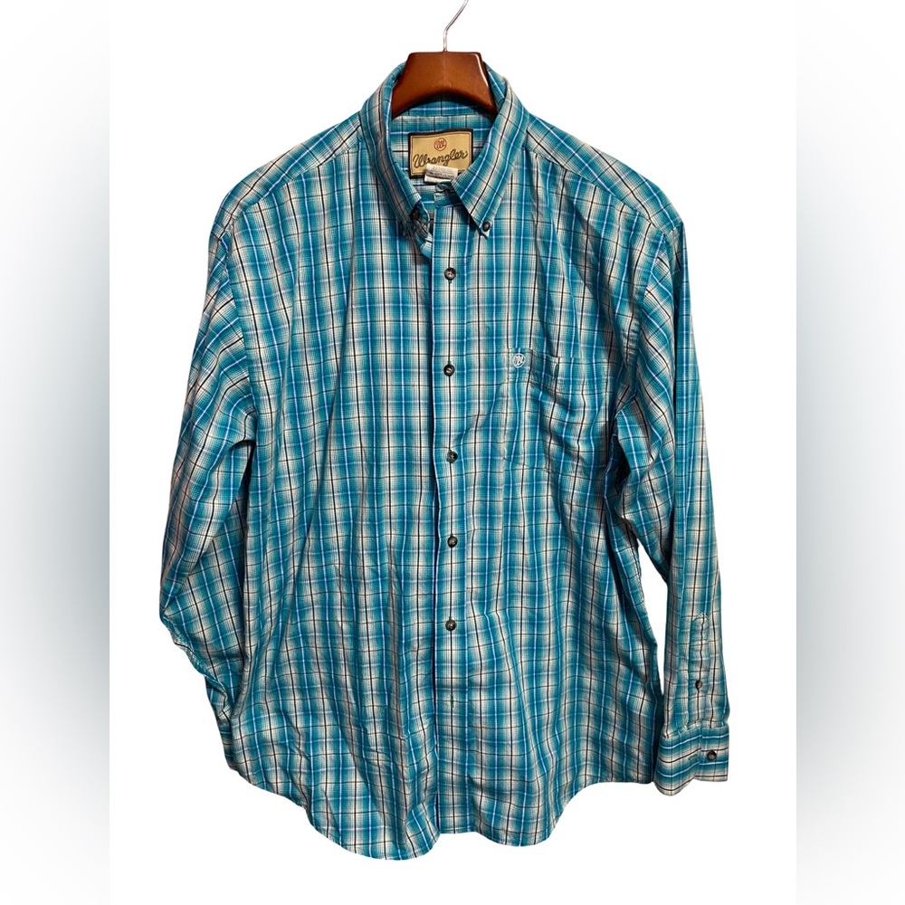 Wrangler Long-Sleeve Button-Down Shirt Turquoise Plaid Men’s Size Large